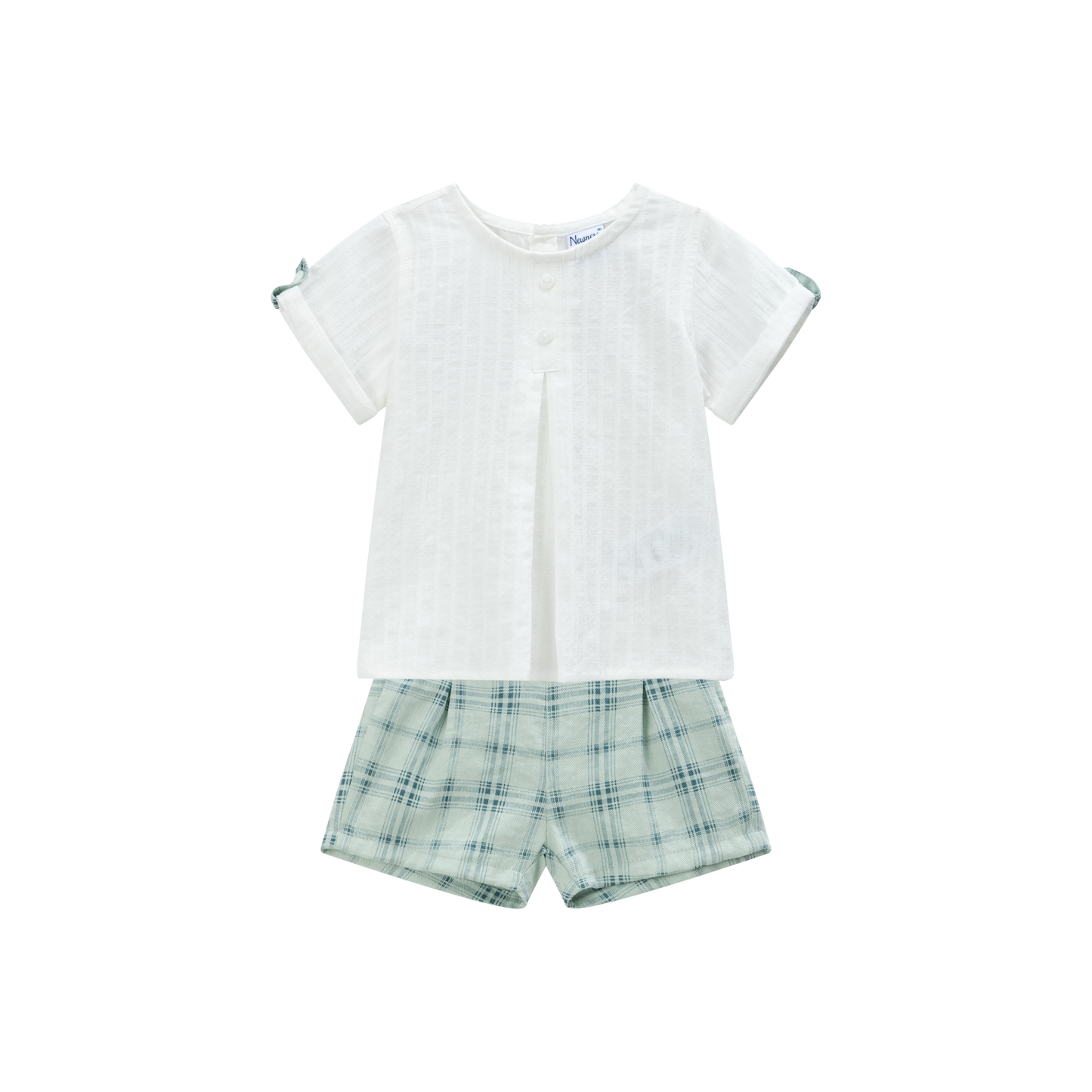 Classic White Pleated Top & Plaid Shorts Set