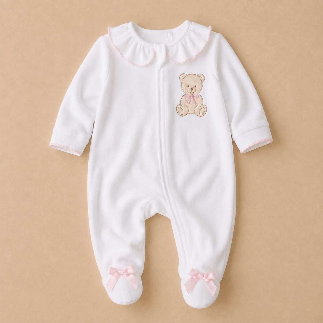Frilly Teddy Bear Velour Sleepsuit