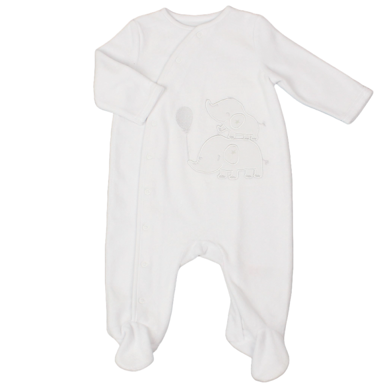 Elephant White Velour Sleepsuit