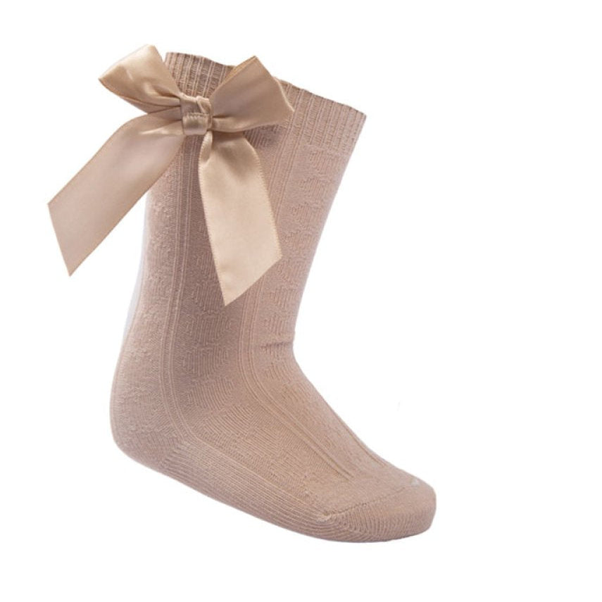 Cable Knee High Socks With Satin Bow