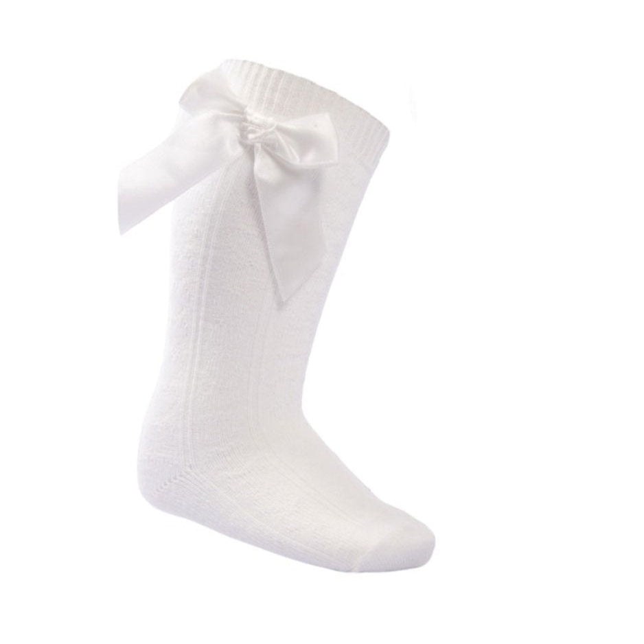 Cable Knee High Socks With Satin Bow