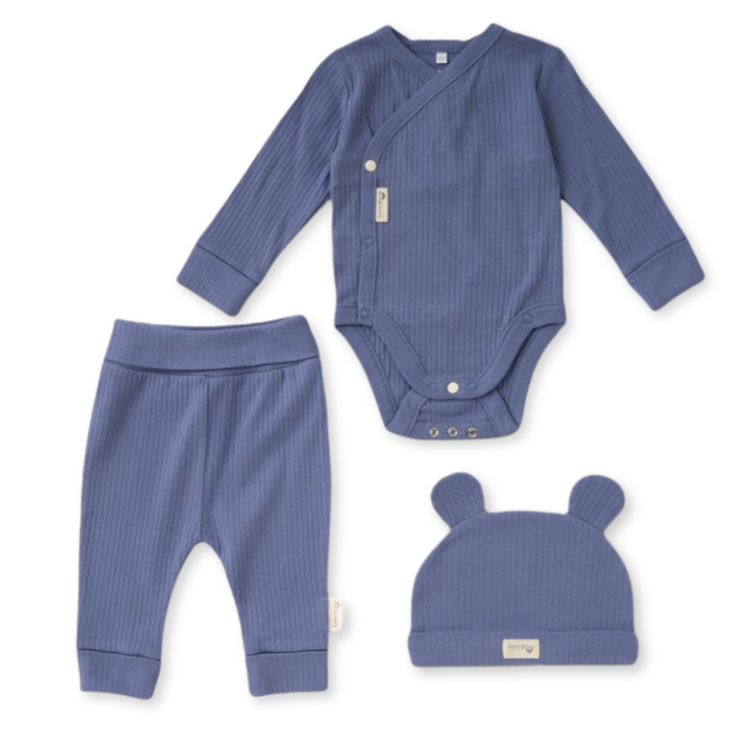 The Blue 3 Piece Ribbed Bodysuit Joggers And Bear Hat Set