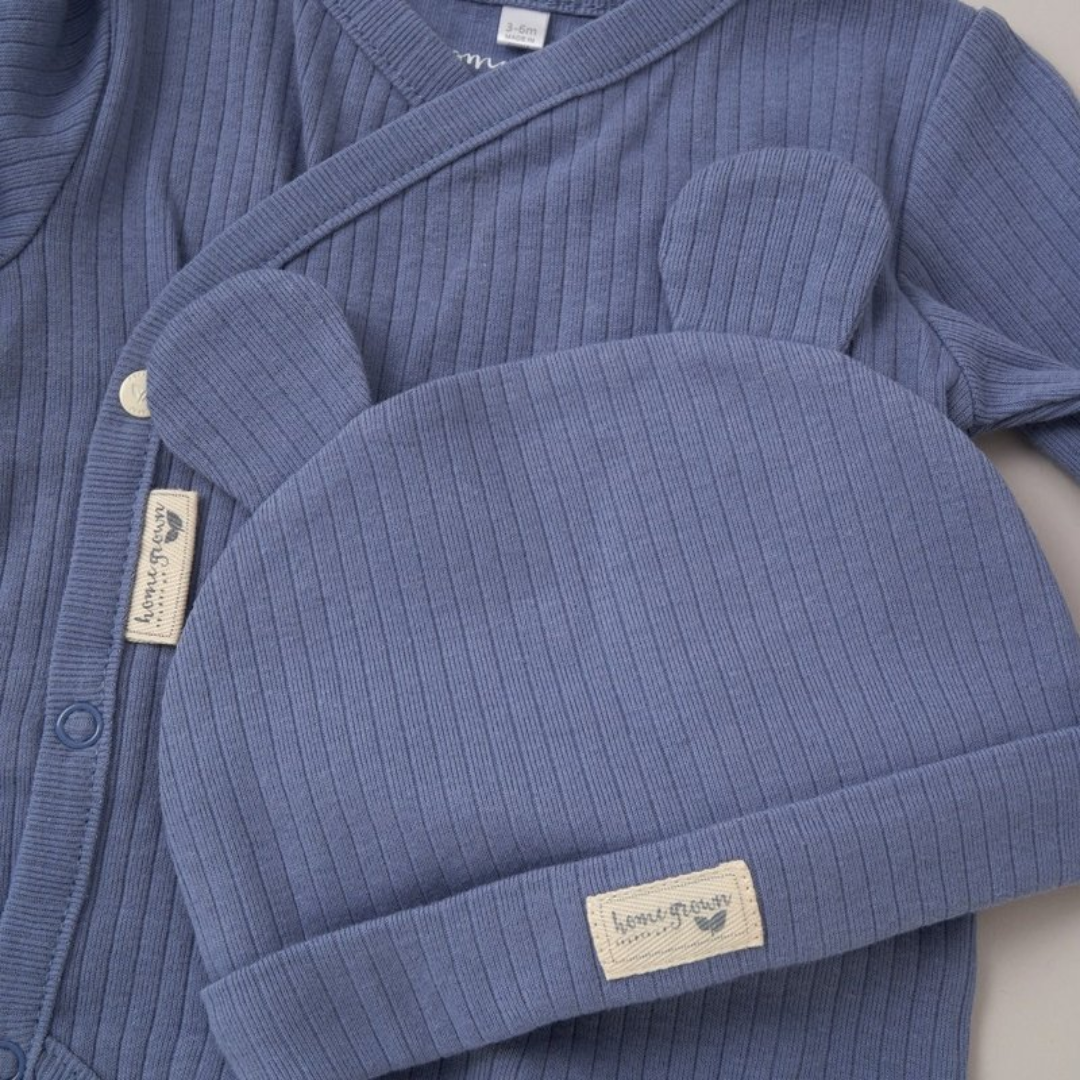 The Blue 3 Piece Ribbed Bodysuit Joggers And Bear Hat Set