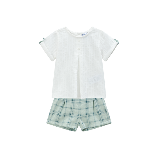 Classic White Pleated Top & Plaid Shorts Set