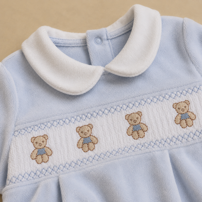 Teddy Bear Velour Smocked Onesie