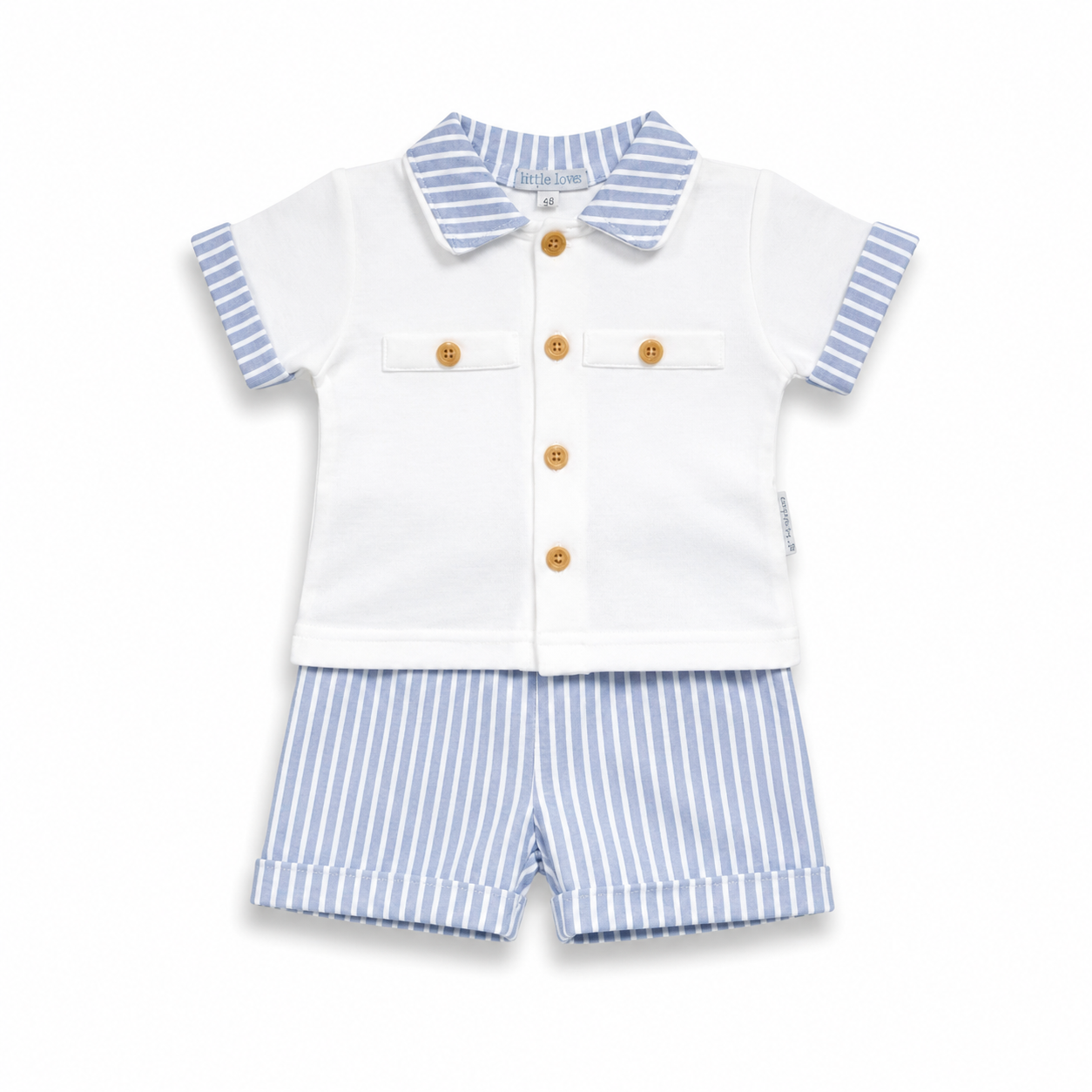 Children's outfit with white shirt and blue striped shorts on a white background