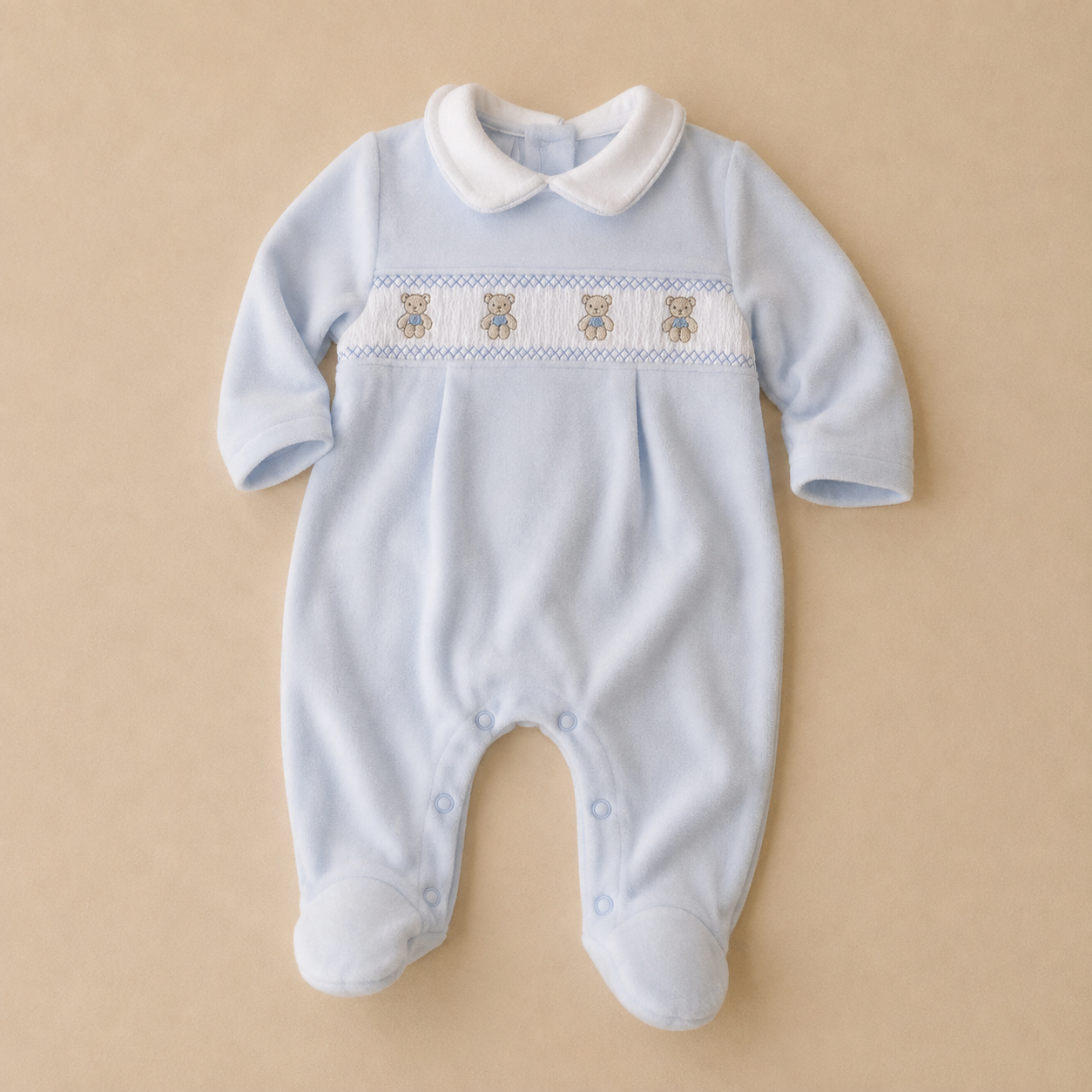 Teddy Bear Velour Smocked Onesie