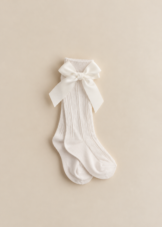 Cable Knee High Socks With Satin Bow