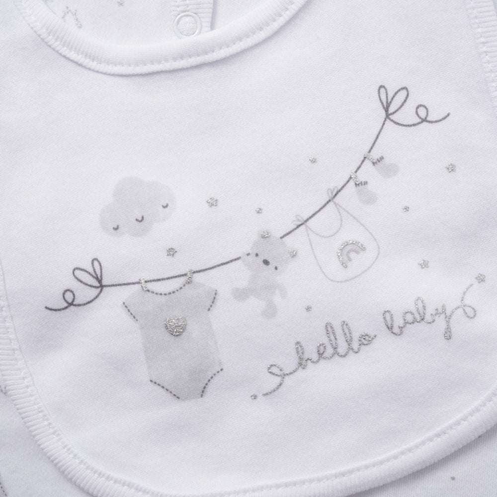 Baby bib with embroidered design and 'hello baby' text on a white background