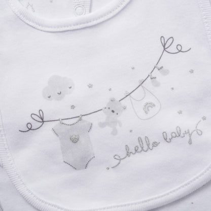 Baby bib with embroidered design and 'hello baby' text on a white background
