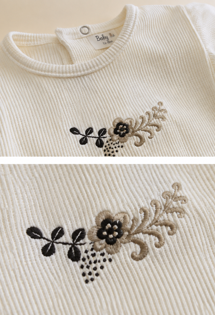 A children's ribbed knit outfit set featuring a cream long-sleeve top with a floral embroidered motif and matching beige corduroy shorts, shown in a three-panel collage.