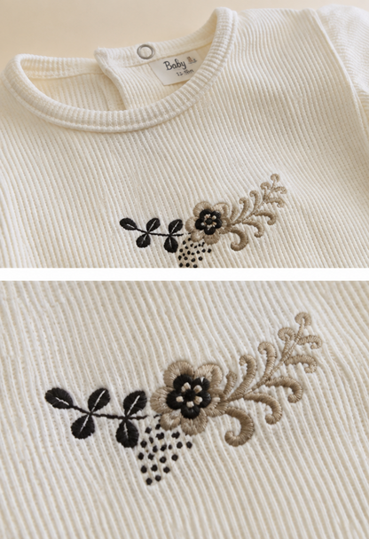 A children's ribbed knit outfit set featuring a cream long-sleeve top with a floral embroidered motif and matching beige corduroy shorts, shown in a three-panel collage.