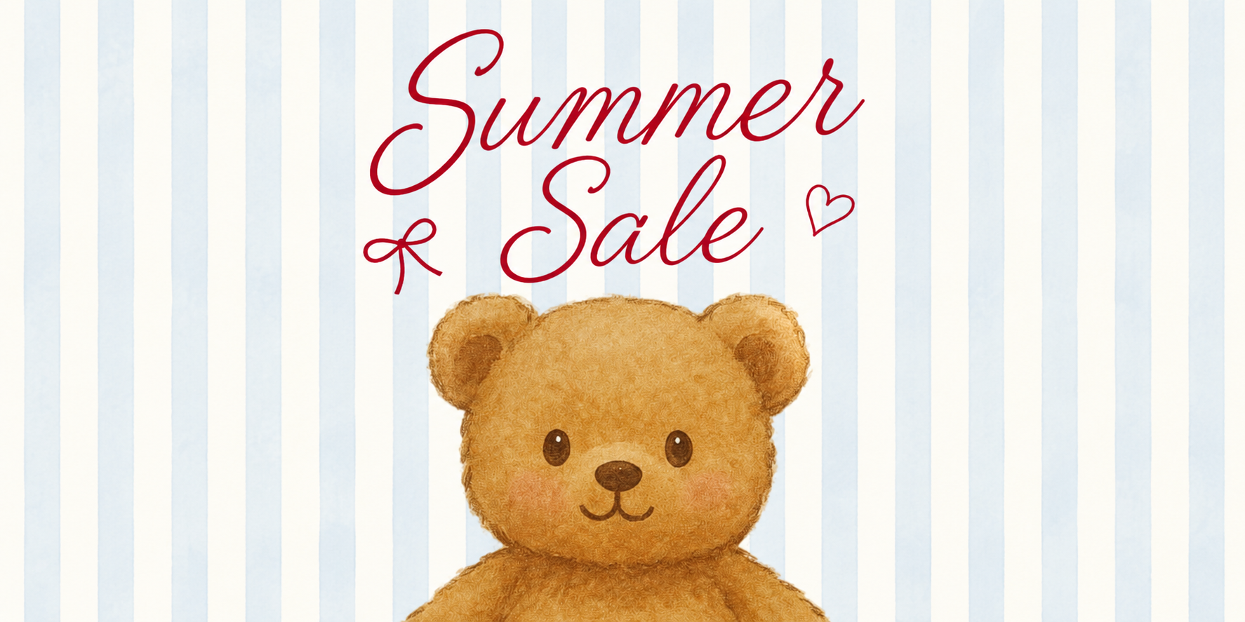 A promotional graphic with the words 'Summer Sale' in red script above a watercolor-style brown teddy bear on a white background with light blue vertical stripes.